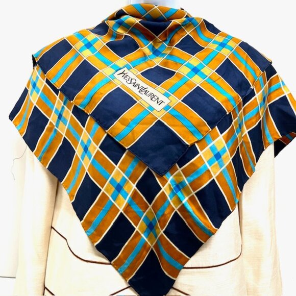 Vintage Yves Saint Laurent Scarf100% silk satin  31"Blue Rusty White Check (26) - Picture 11 of 11